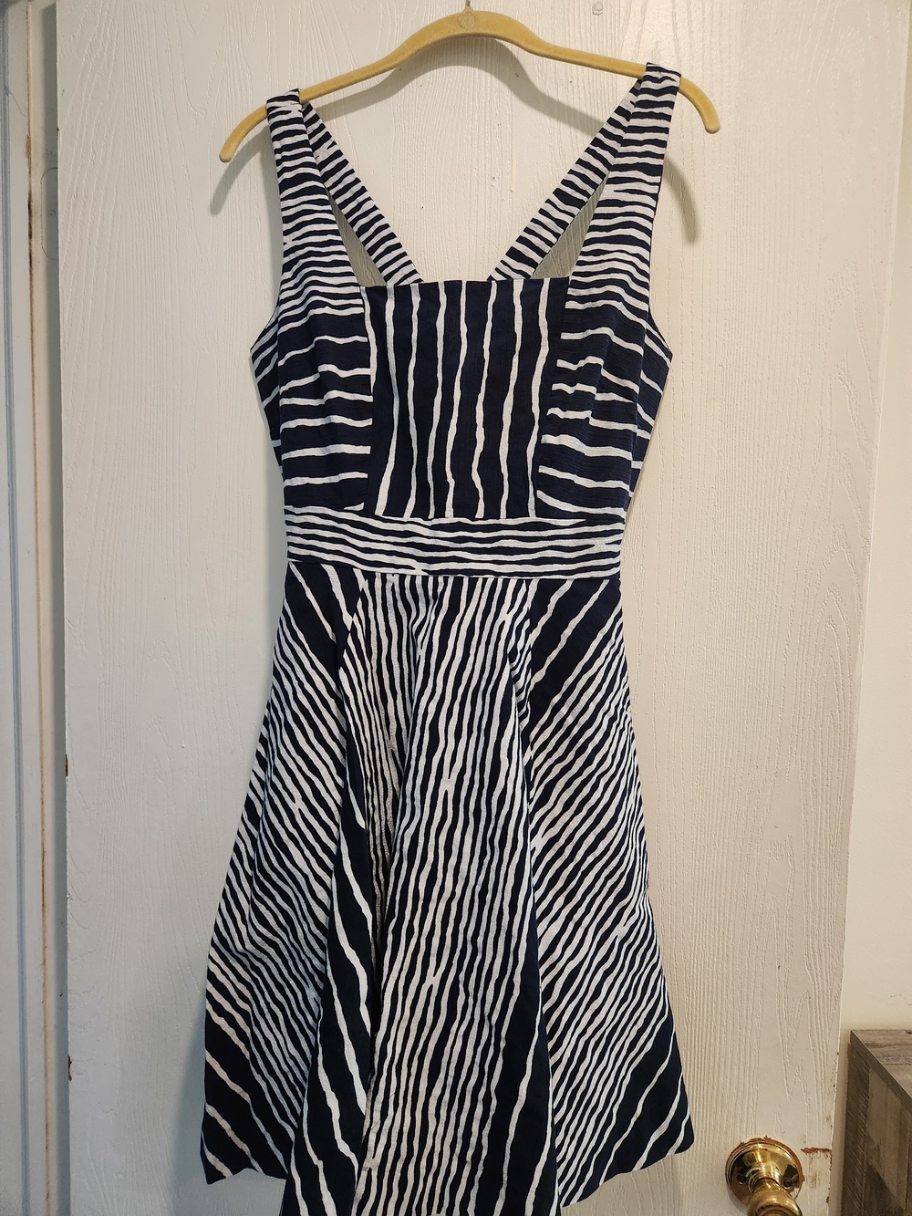 Eva Mendes for New York & Company Navy & White Striped Midi Fit-and-Flare Dress